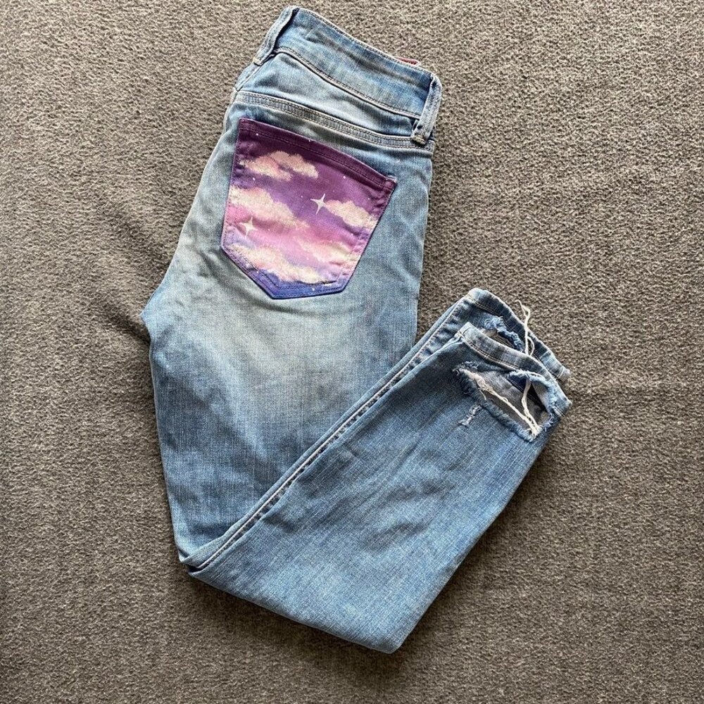 denim jean OOAK* refuge distressed  Hand painted cloud pattern on pockets
